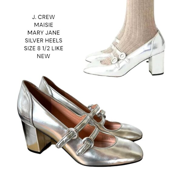 J. CREW MAISIE MARY JANE HEELS SILVER METALLIC SIZE 8 1/2 LIKE NEW - Picture 1 of 6